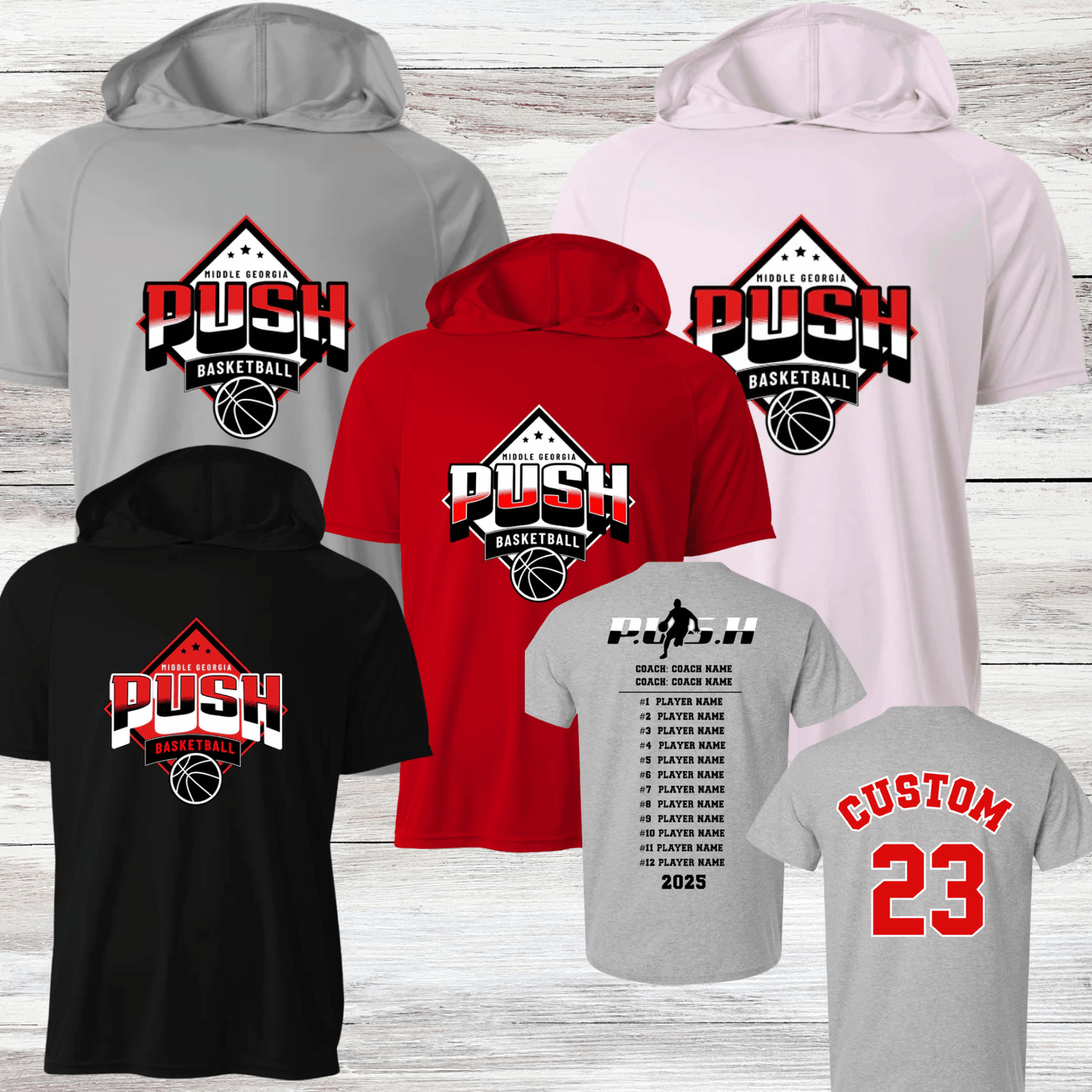PUSH Basketball Design 5- Hooded T-Shirts (Sleeveless, Short and Long Sleeve)