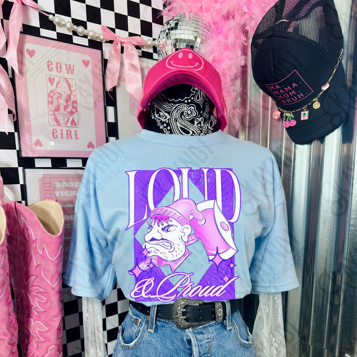 KayndiDesigns Loud and Proud Pink Lumberjack TropicalCowgirl Gildan Light Blue Top