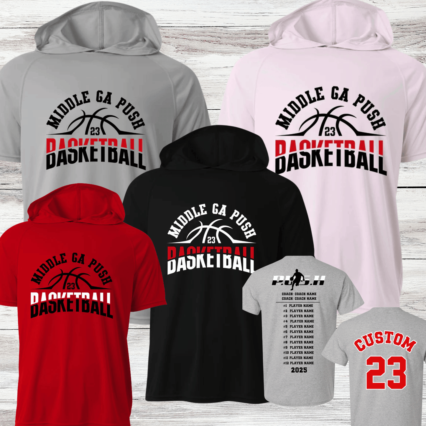 PUSH Basketball Design 6- Hooded T-Shirts (Sleeveless, Short and Long Sleeve)