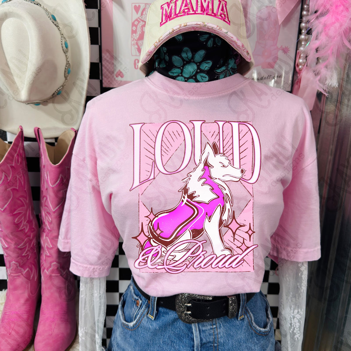 KayndiDesigns Loud and Proud Pink Collie TropicalCowgirl Comfort Colors Blossom Top