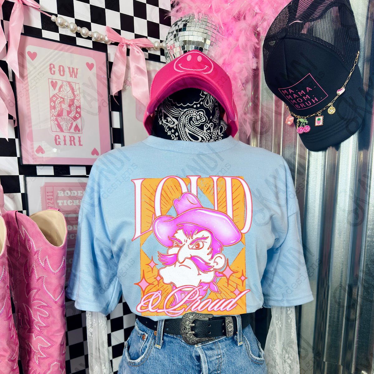 KayndiDesigns Loud and Proud Pink Cowboy 2 TropicalCowgirl Gildan Light Blue Top