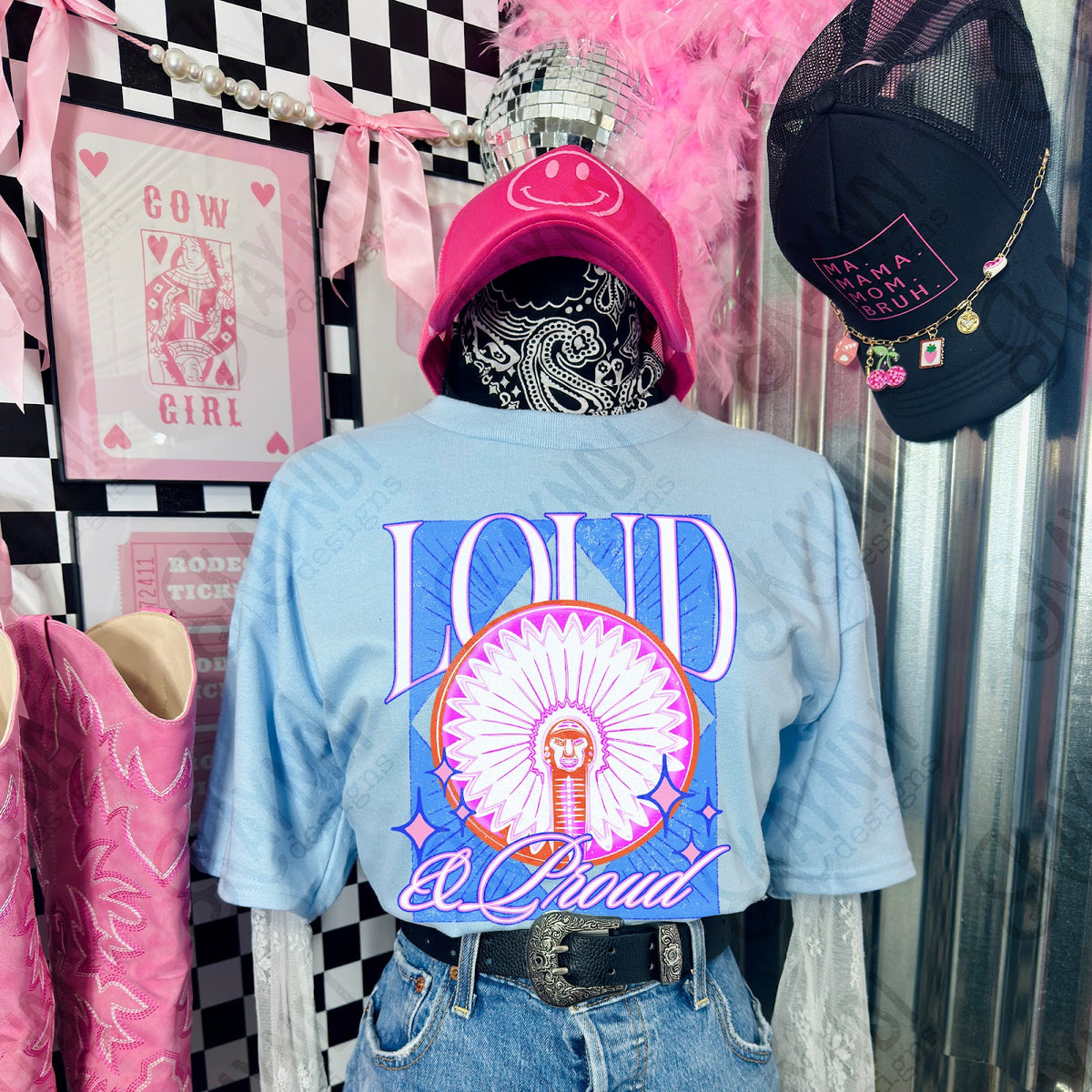 KayndiDesigns Loud and Proud Pink Illini TropicalCowgirl Gildan Light Blue Top