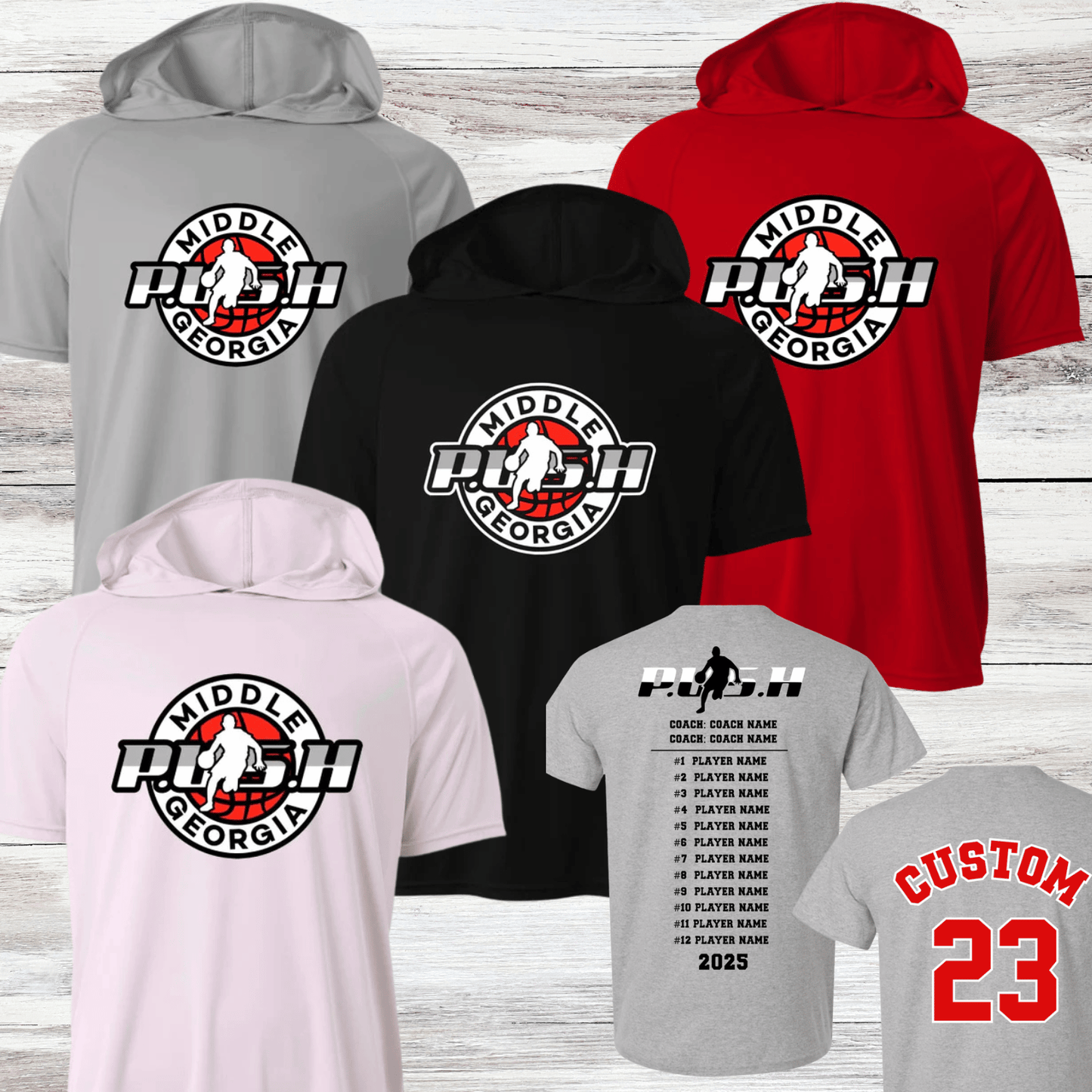 PUSH Basketball Design 1- Hooded T-Shirts (Sleeveless, Short and Long Sleeve)