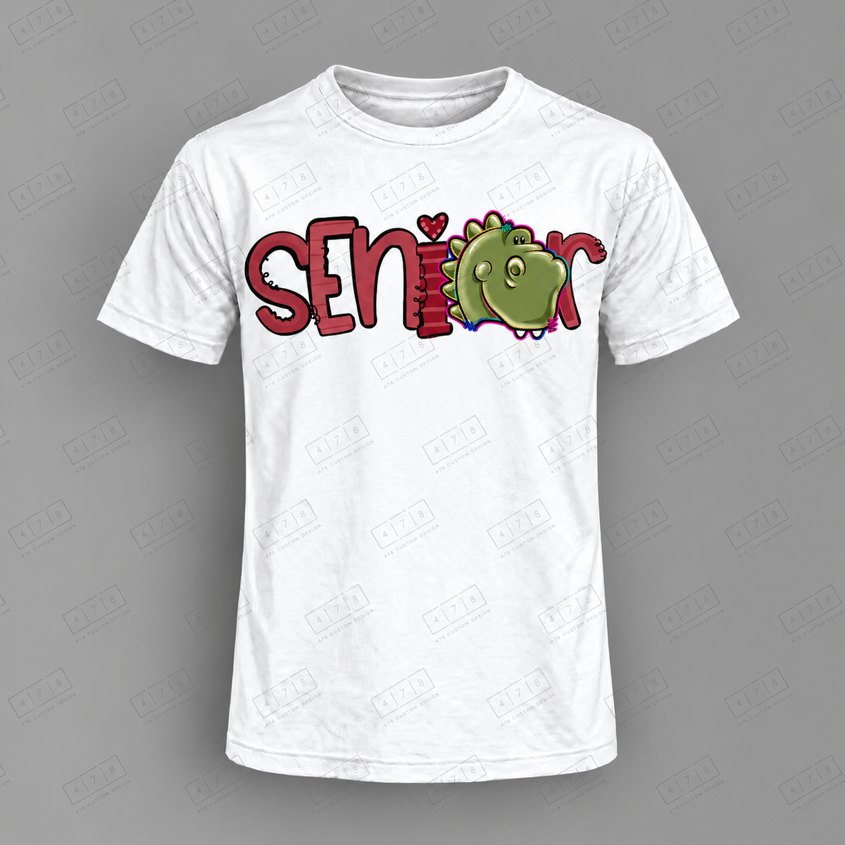 Seniors Maroon Dinos 2 Top on white shirt — 478 Custom Design