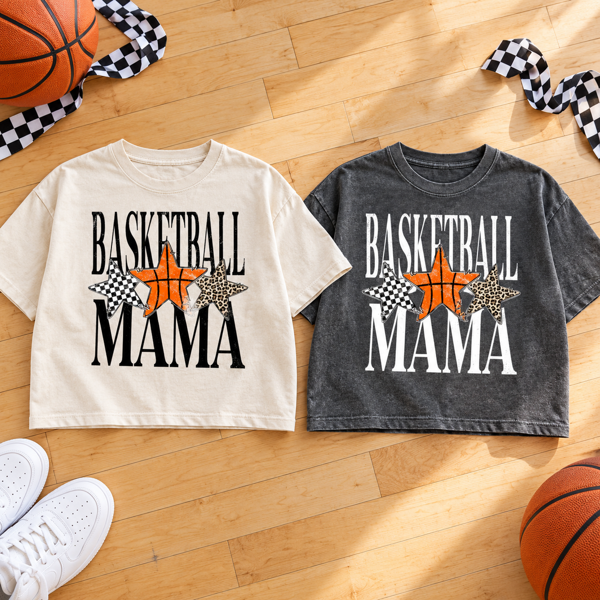 Basketball Mama checker, basketball and cheetah stars on ivory and pepper boxy crop tees