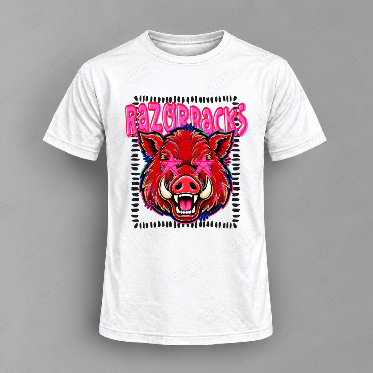 Starsturck Razorbacks Red Top shown on white shirt — 478 Custom Design