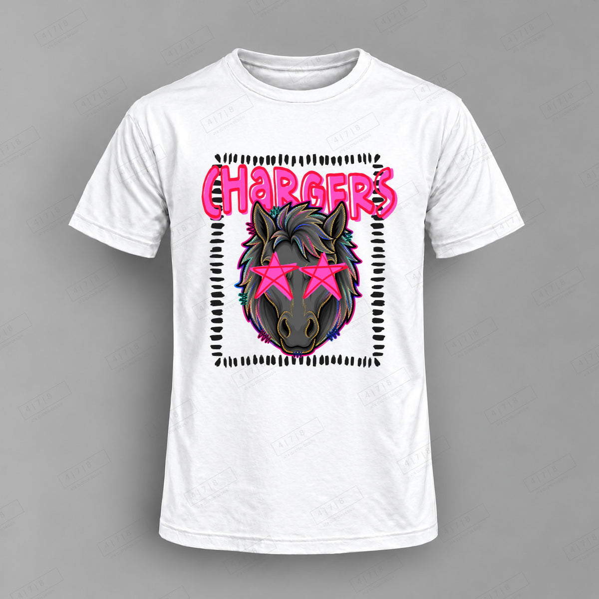 Starstruck Chargers Top shown on white shirt — 478 Custom Design