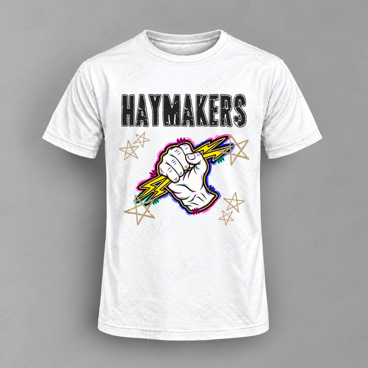 Grunge Varsity Haymakers Top shown on white shirt — 478 Custom Design