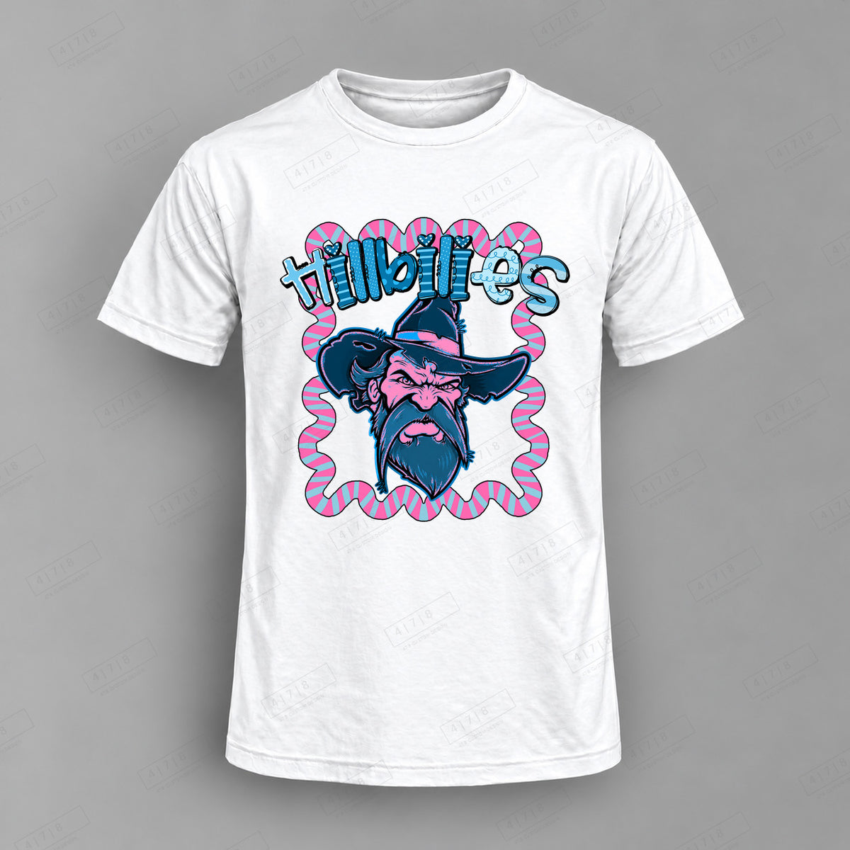 Whimsy Hillbilies Top shown on white shirt — 478 Custom Design