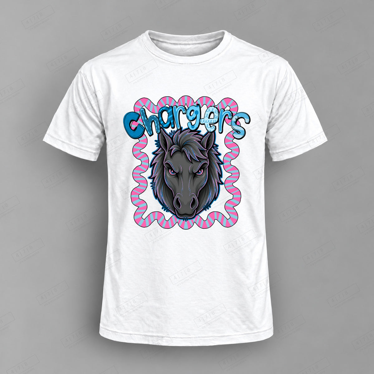 Whimsy Chargers Top shown on white shirt — 478 Custom Design