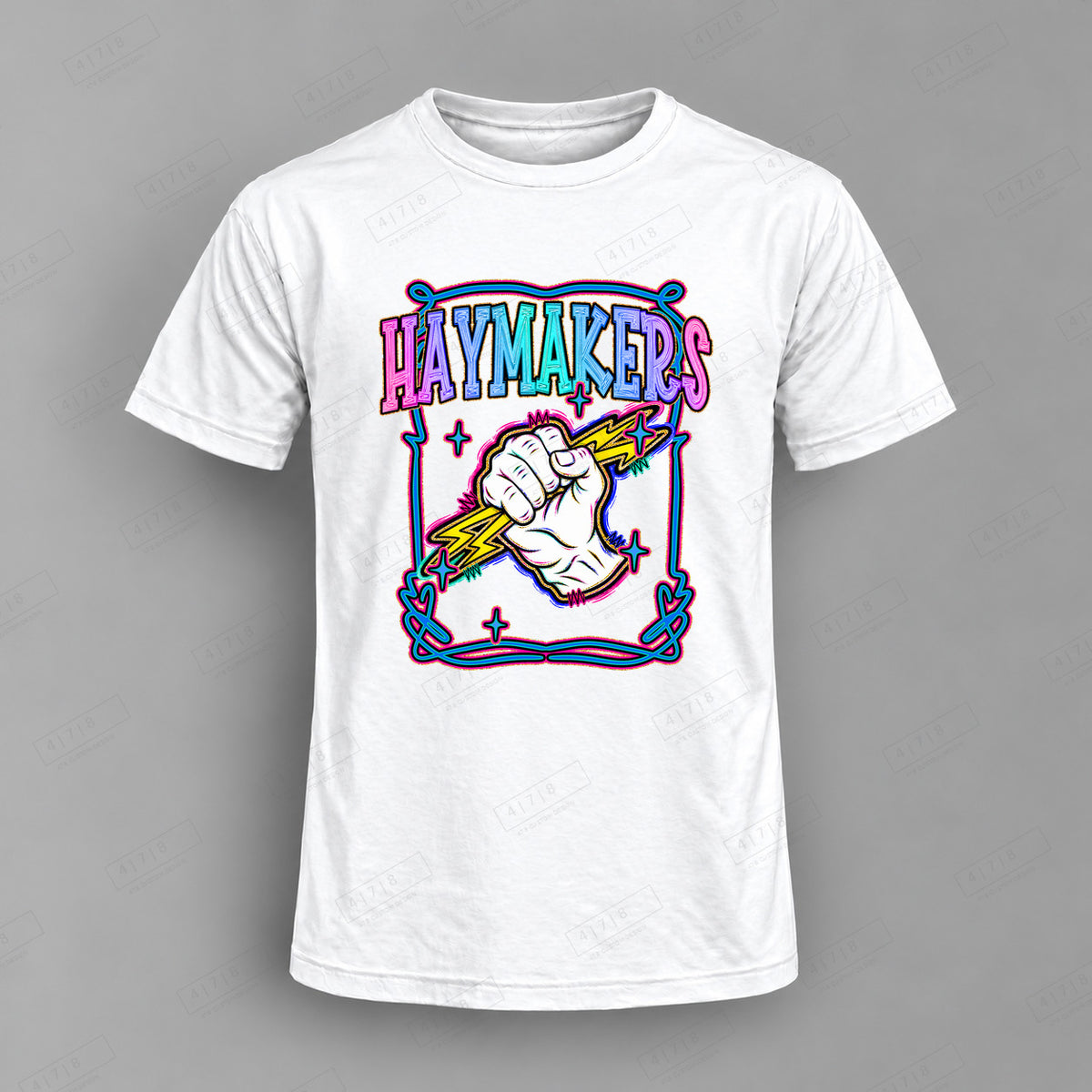 Retro Pop Haymakers Top shown on white shirt — 478 Custom Design
