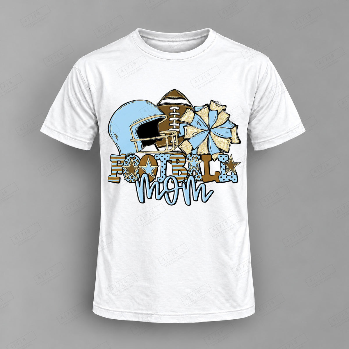 Football Mom Light Blue Top shown on white shirt — 478 Custom Design