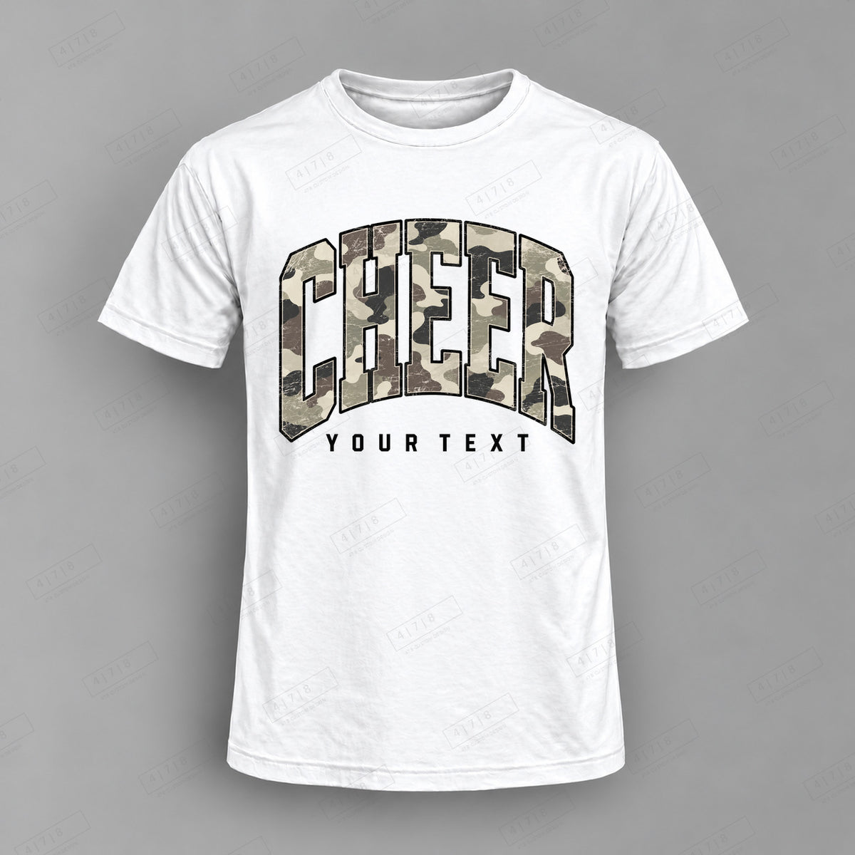 Custom Cheer Design 10-001 Top white shirt mockup with 478 Custom Design watermark