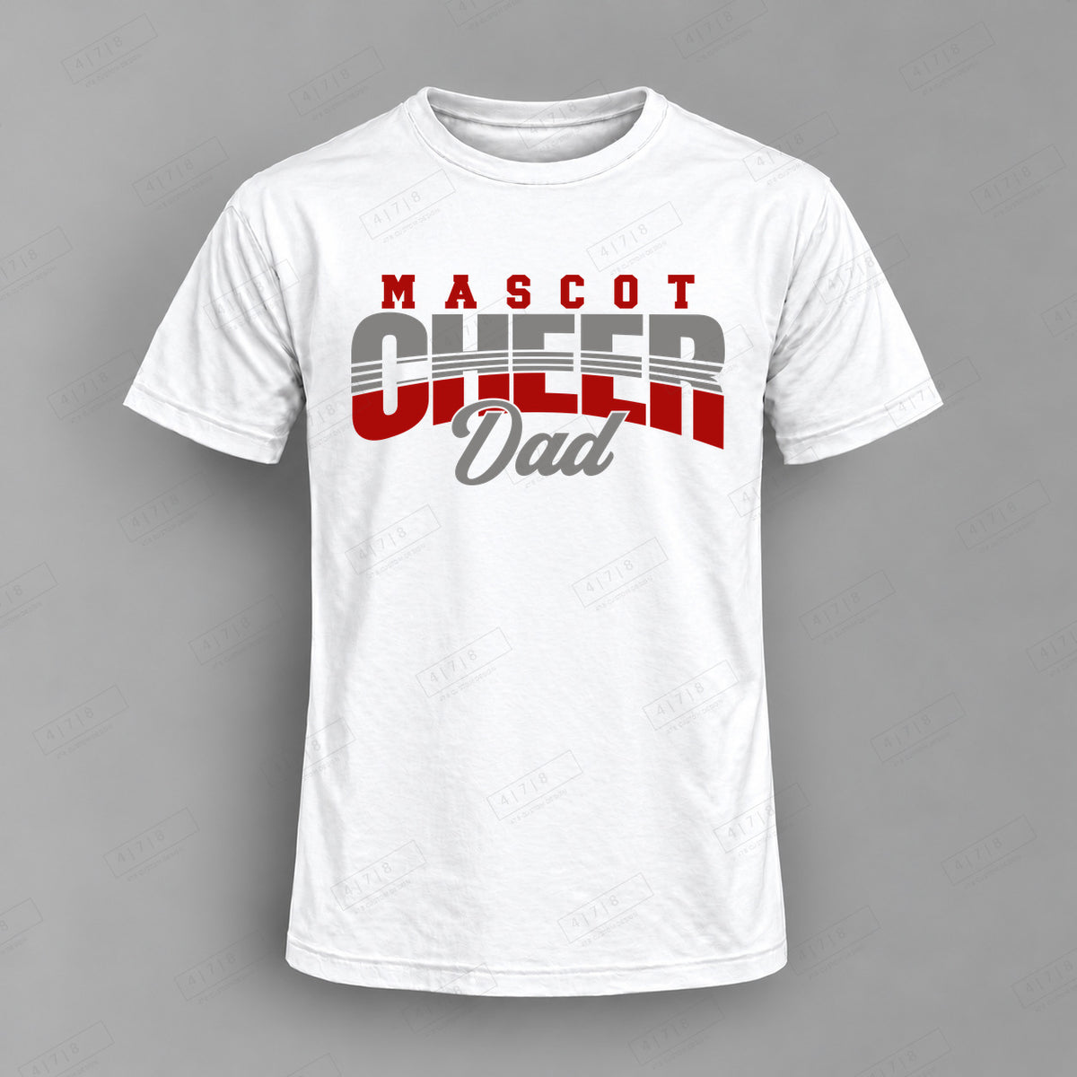 Custom Cheer Dad Design 5-0086 Top white shirt mockup with 478 Custom Design watermark