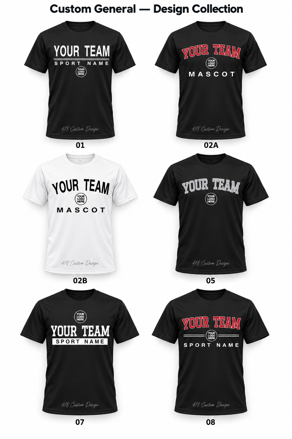 Six custom collegiate designs on full-length short-sleeve dri-fit shirts