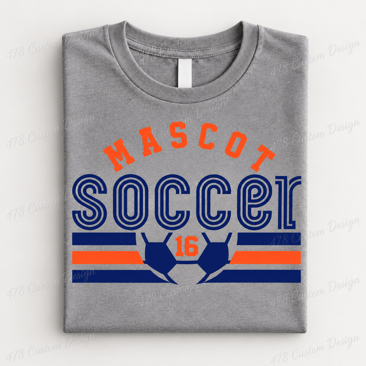 Custom retro soccer mascot and player number on a gray folded shirt, plain studio background