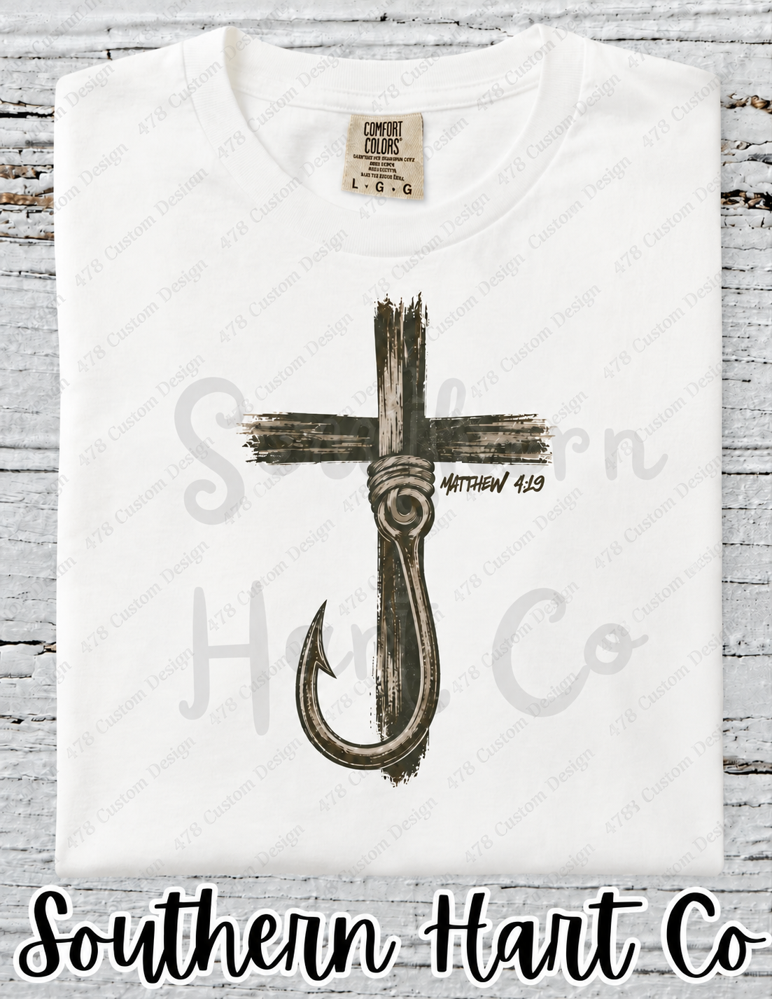 Matthew 4:19 Rustic Fishing Cross Top apparel mockup — 478 Custom Design