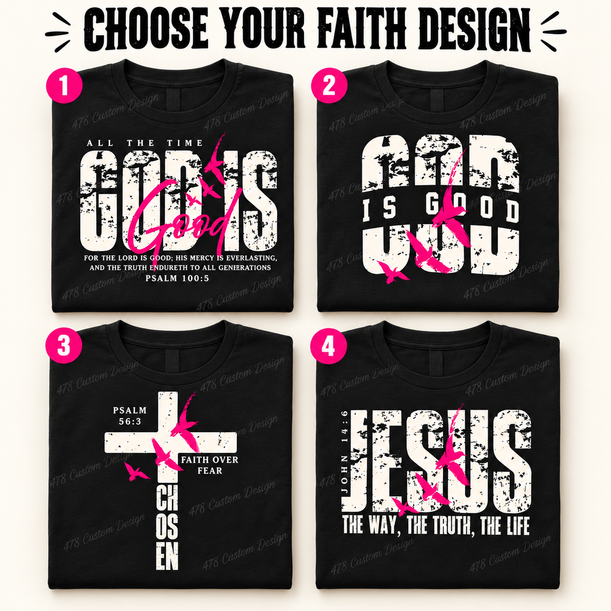 Four numbered white and hot pink faith designs with smaller prints on folded black unisex shirts