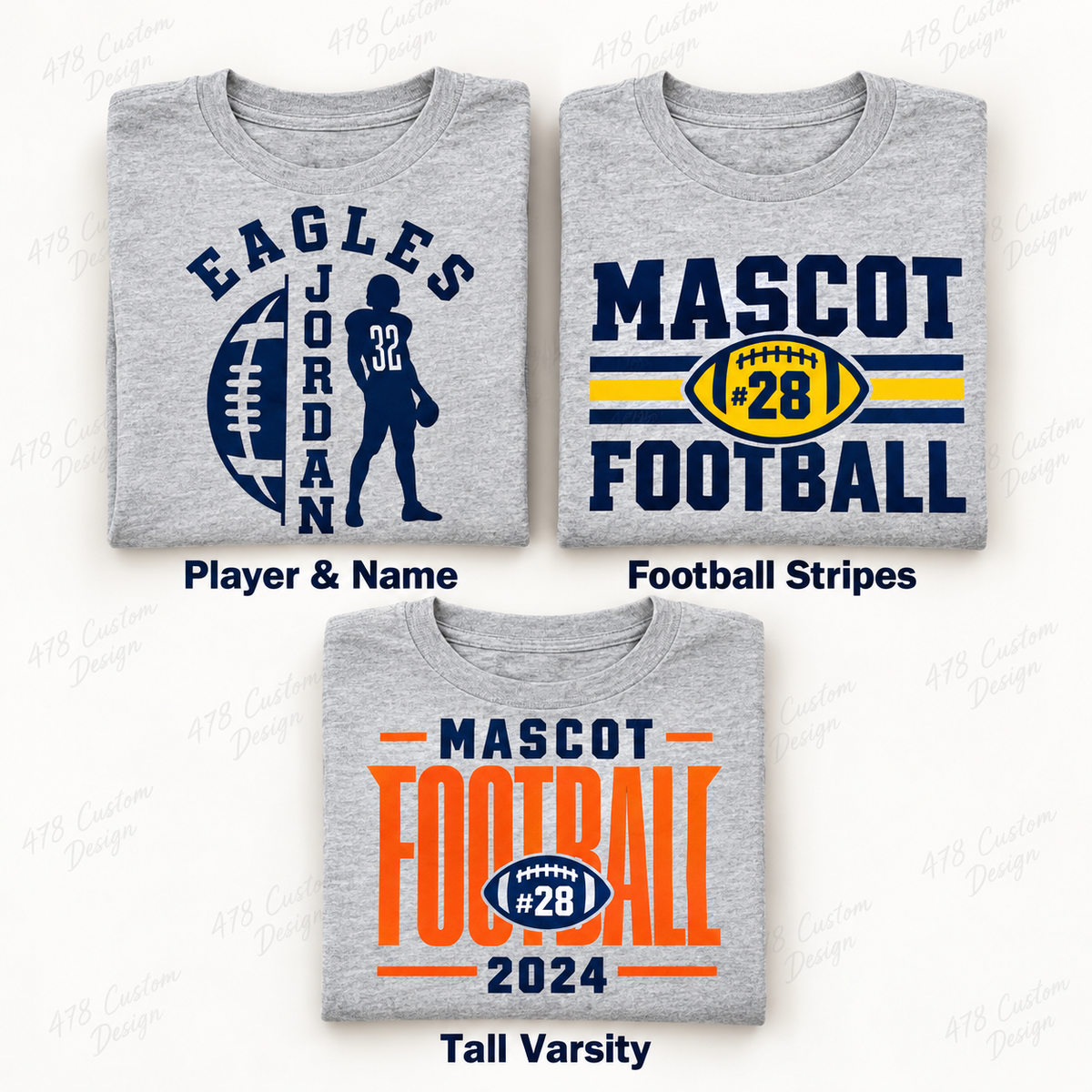 Player and Name, Football Stripes, Tall Varsity design choices on gray folded shirts