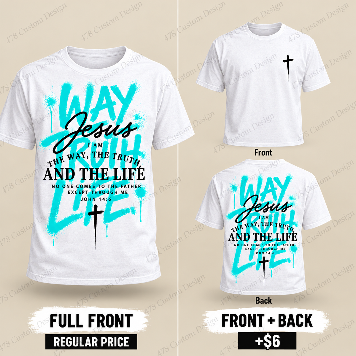 Two Jesus graffiti print options: full design on front at regular price, or small front cross with full back artwork for $6 more