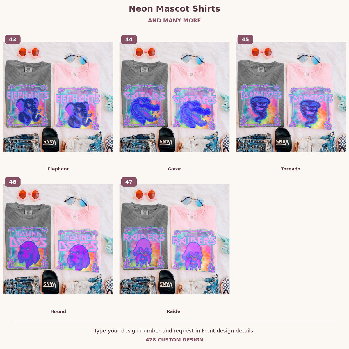 Custom Neon Mascot Shirts — Examples & Many More numbered examples 43 through 47 478 Custom Design watermarked garment mockups