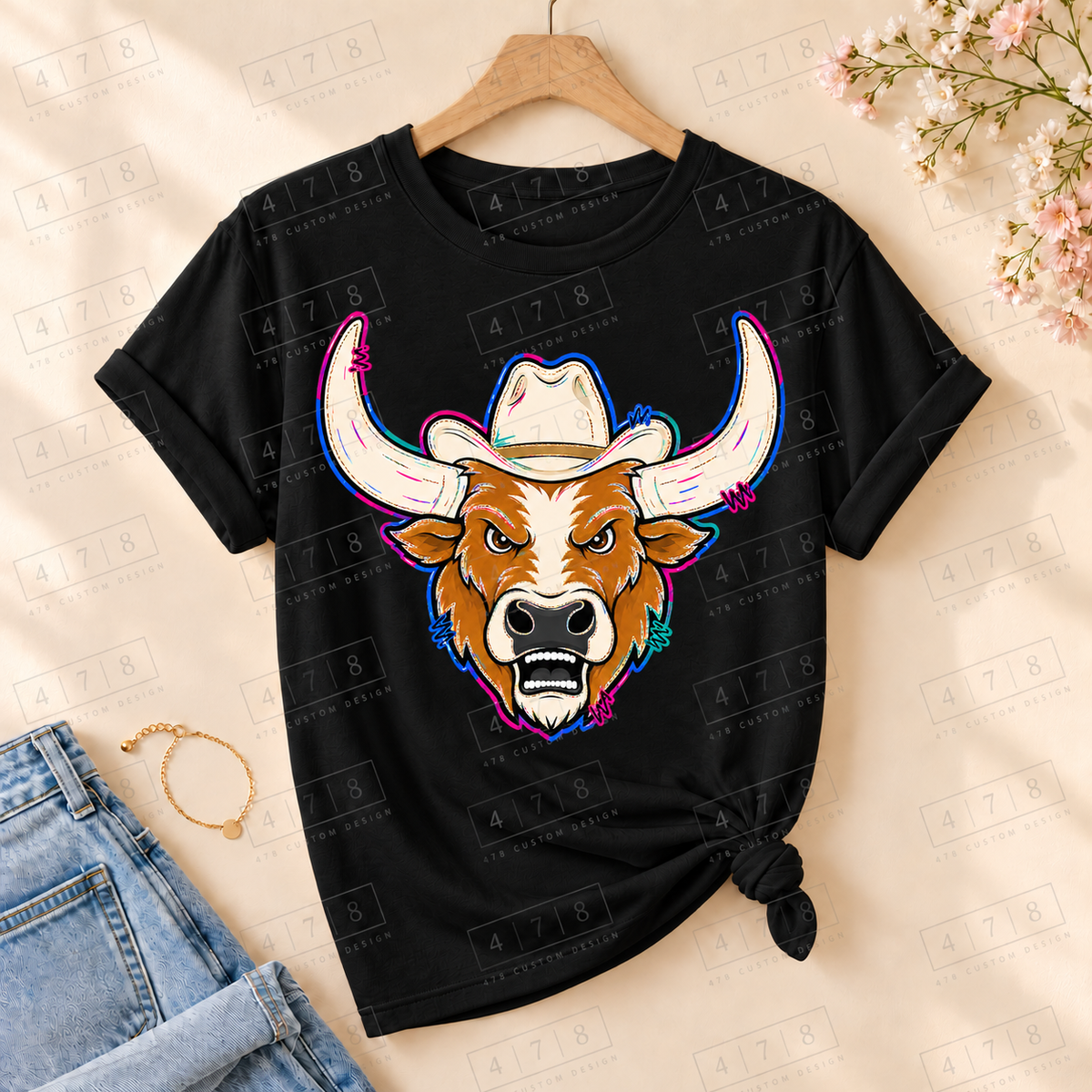 Neon outline cowboy hat longhorn design on black knotted T-shirt with 478 watermark
