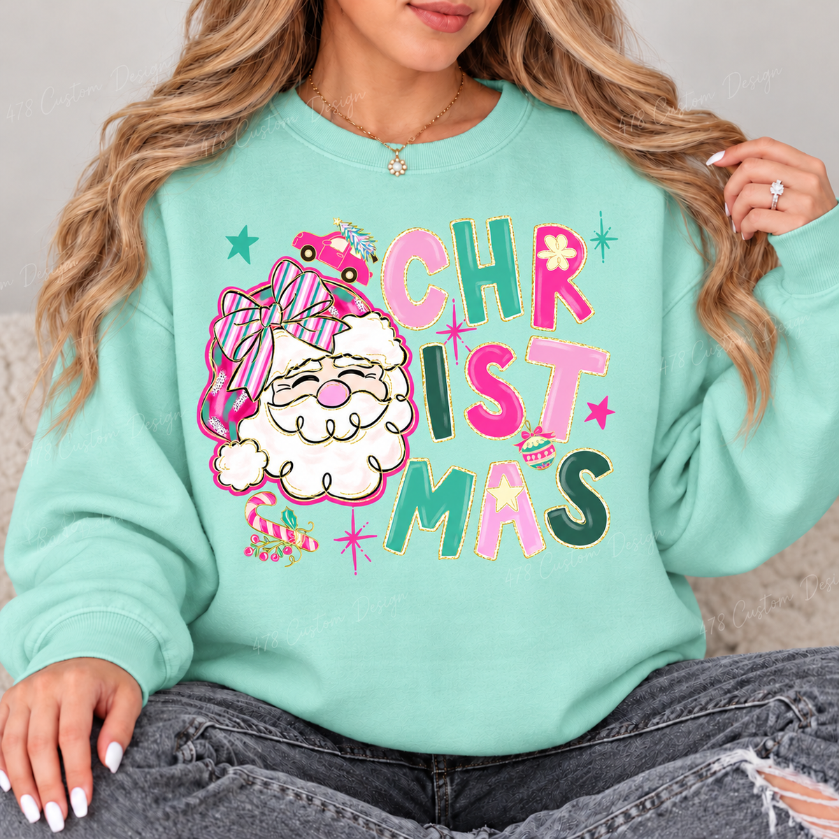 Pastel Santa Christmas Top design on a Chalky Mint crewneck sweatshirt