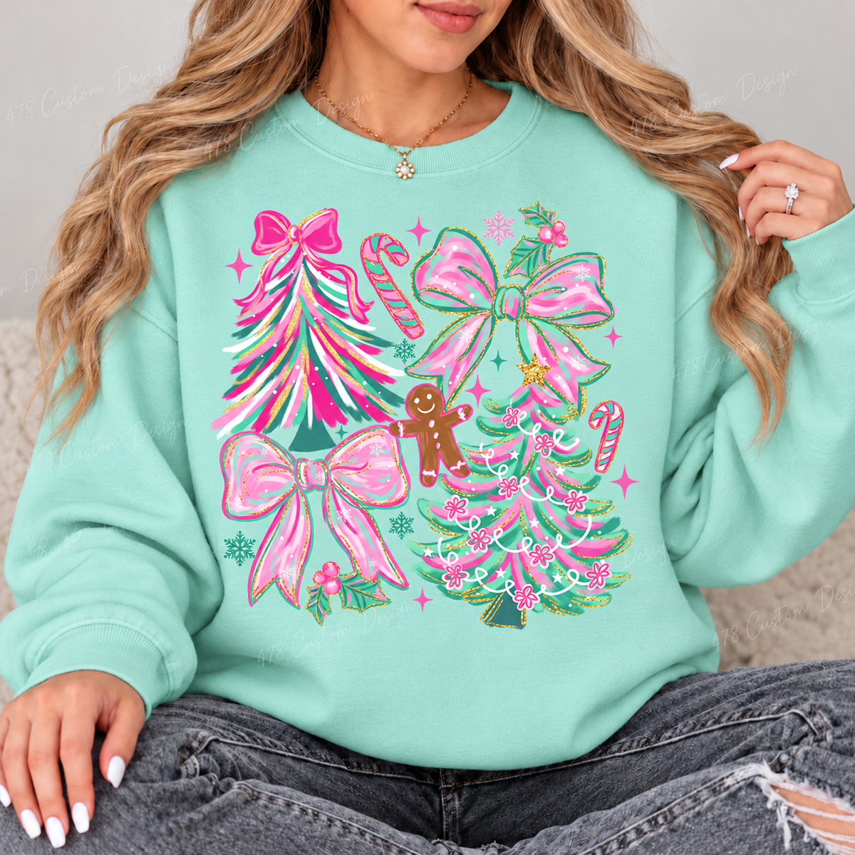 Pink and Mint Christmas Trees and Bows Top design on a Chalky Mint crewneck sweatshirt
