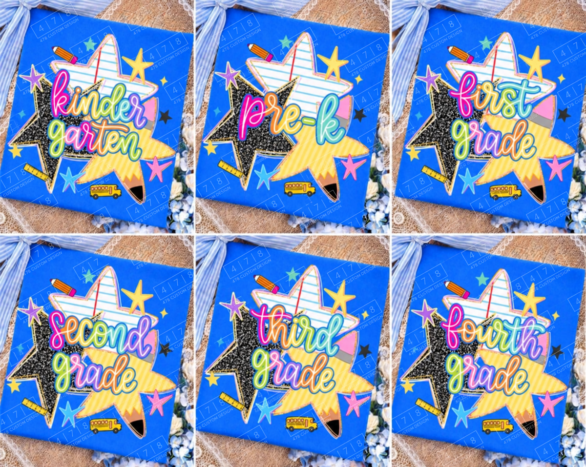 All six Rainbow School Stars grade designs on royal blue shirts