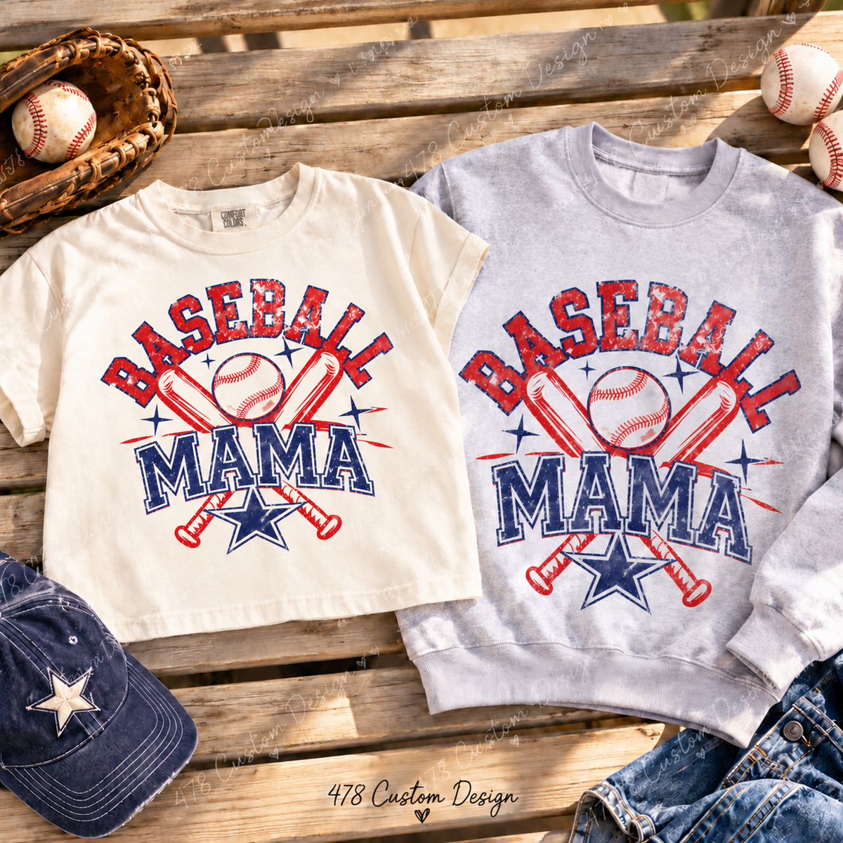 Retro Baseball Mama on ivory Comfort Colors boxy crop tee and gray sweatshirt with adjusted print placement
