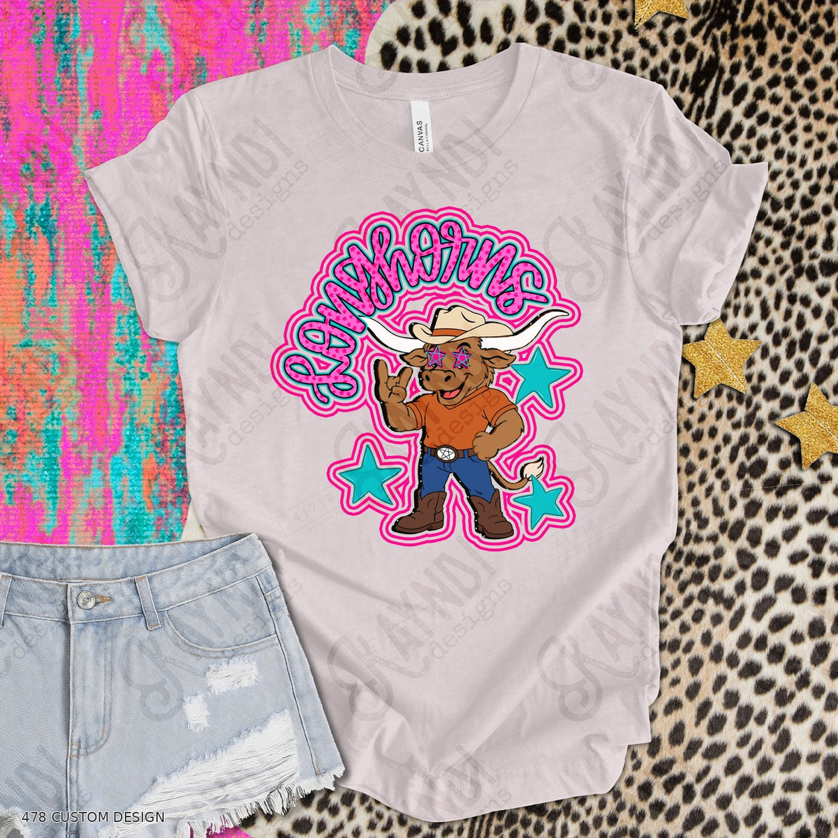 Longhorns Pink Top garment mockup with 478 Custom Design watermark