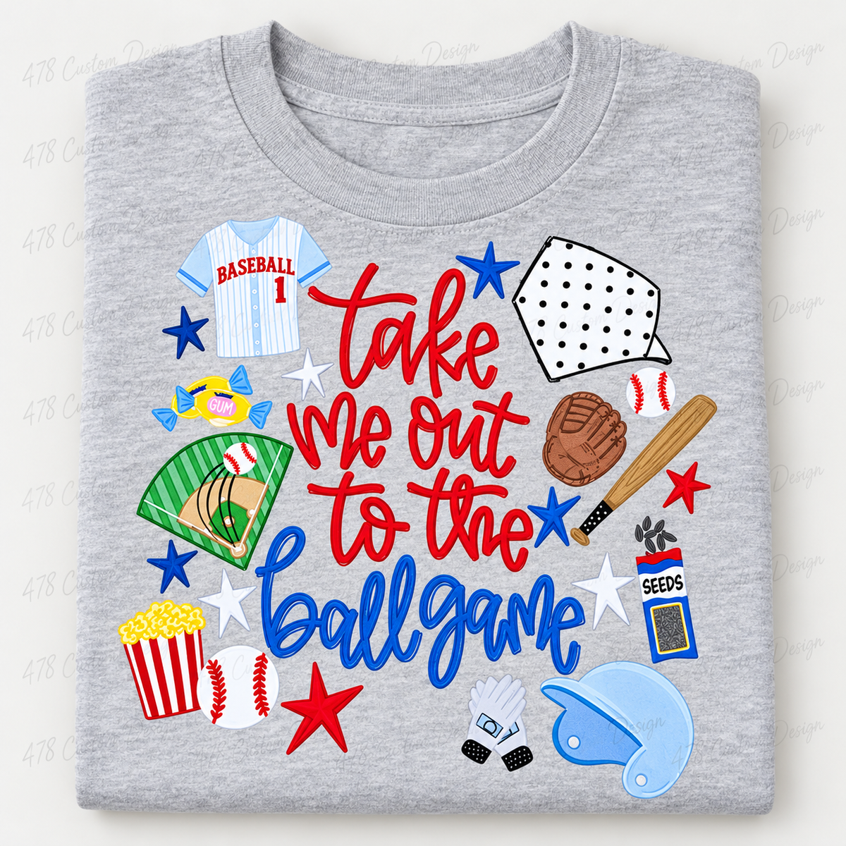 Take Me Out to the Ballgame doodle design on gray folded shirt