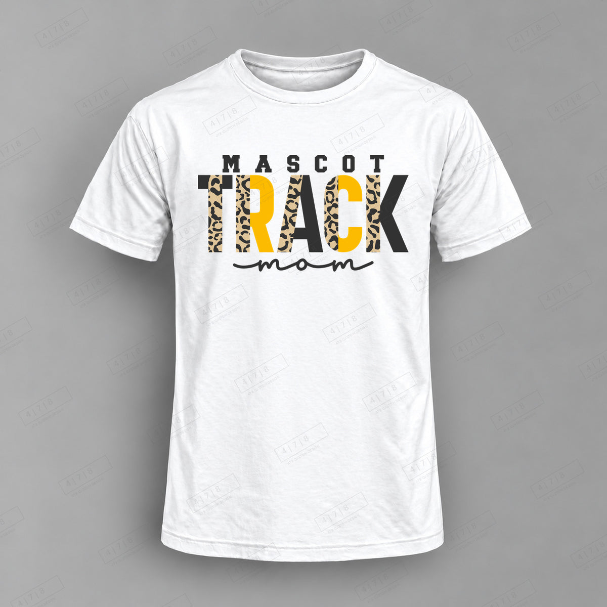 Custom Leopard Split Track Mom Top white shirt mockup with 478 Custom Design watermark