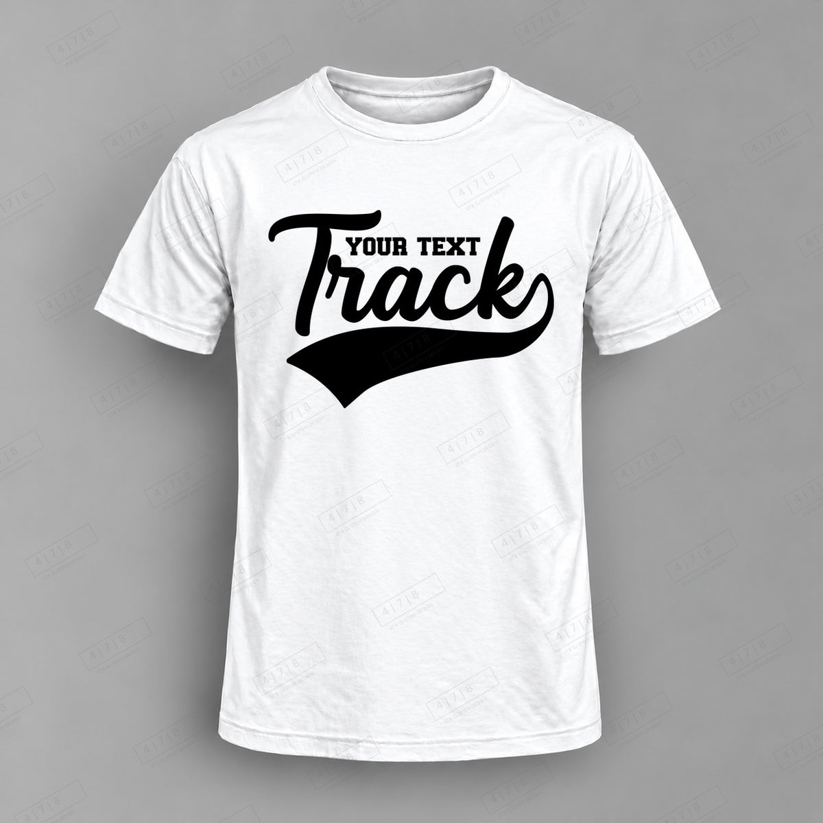 Custom Script Underline Track Top white shirt mockup with 478 Custom Design watermark