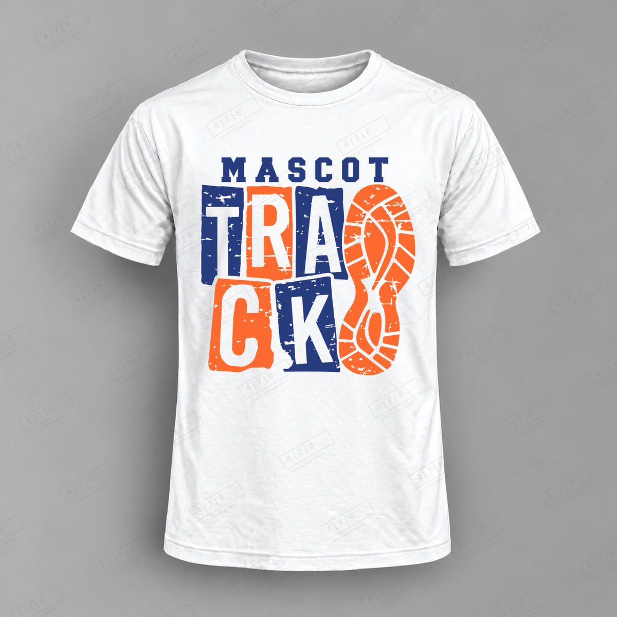 Custom Distressed Track Footprints Top white shirt mockup with 478 Custom Design watermark