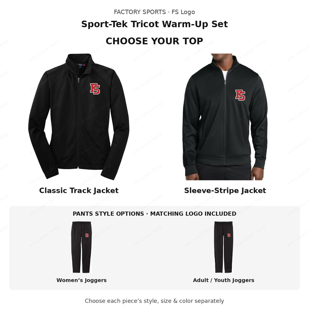 Factory Sports — FS Logo — Sport-Tek Tricot Warm-Up Set — choose your top and pants; all available style choices