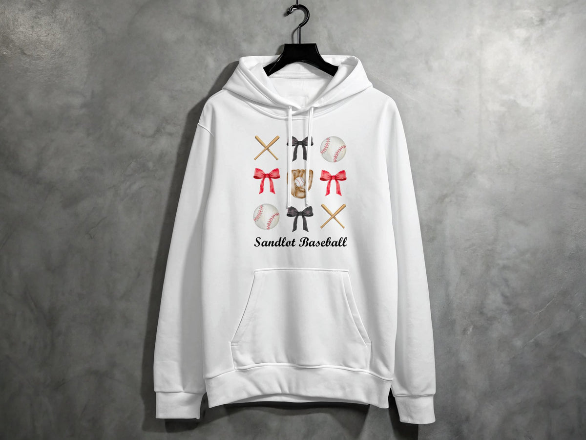 Sandlot Baseball Bats, Baseballs & Bows Apparel design on a hoodie.