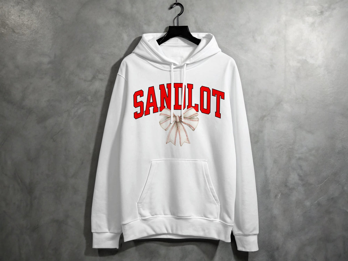 Sandlot Baseball Arched Lettering & Bow Apparel design on a hoodie.
