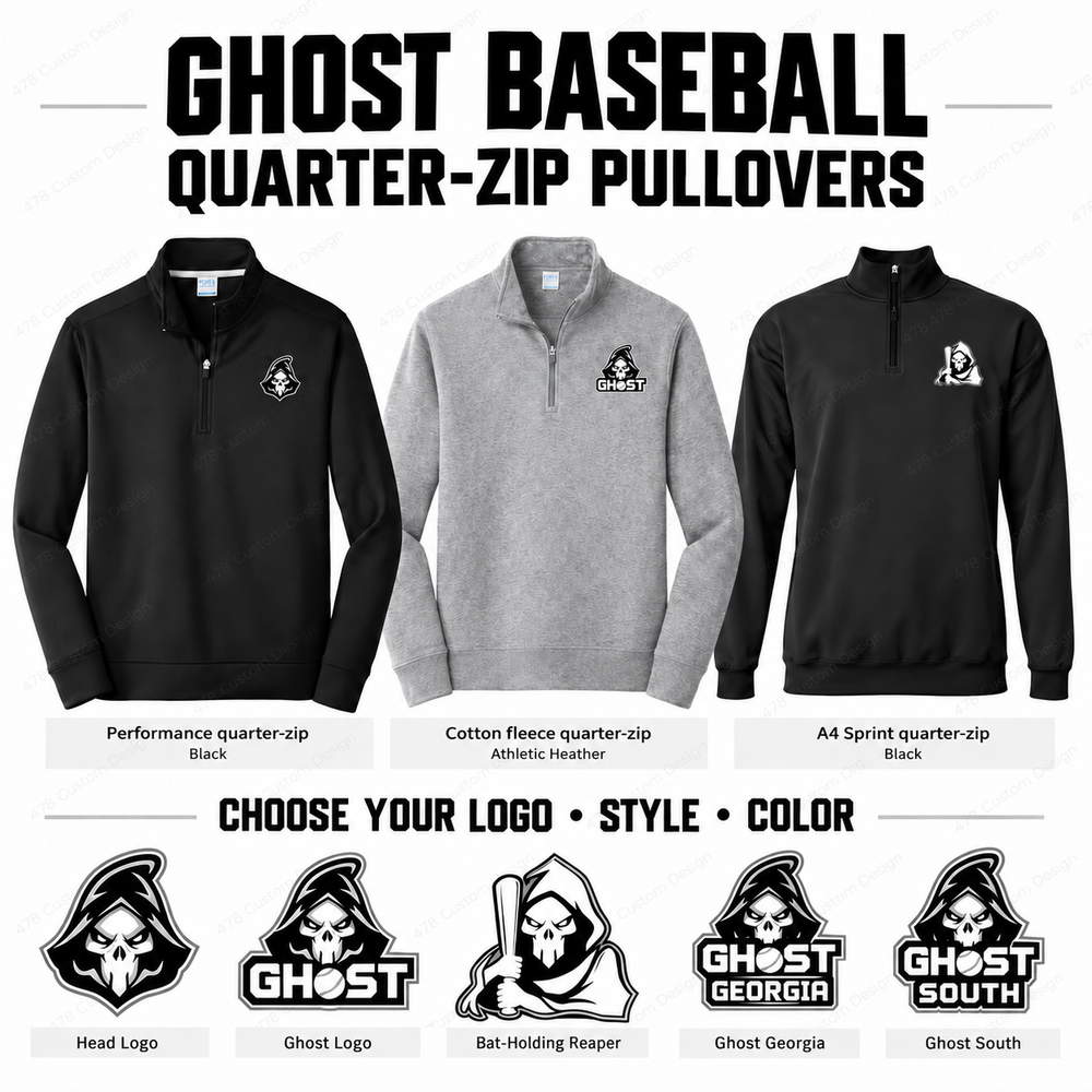 Ghost quarter-zip collection — slightly smaller reaper head on black performance quarter-zip