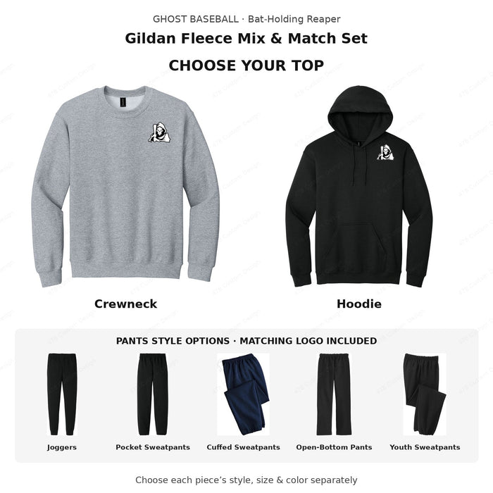 Ghost Baseball — Bat-Holding Reaper — Gildan Fleece Matching Set — choose your top and pants; all available style choices
