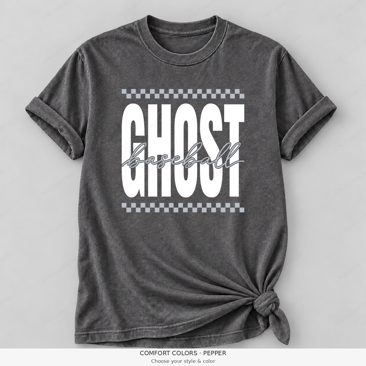Ghost Baseball — Original Checker & Fine Script — Comfort Colors girly mockup — Pepper