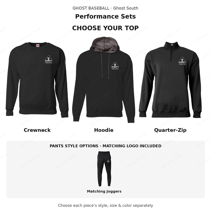 Performance Sets — choose crewneck, hoodie or quarter-zip with matching joggers