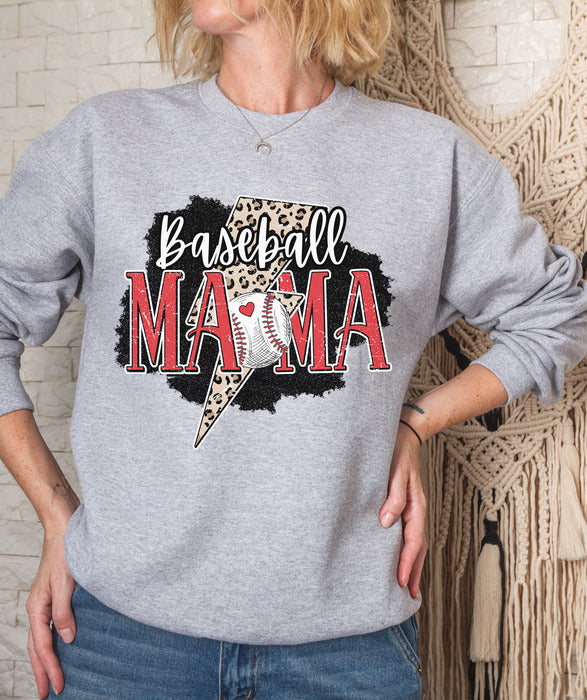 Baseball Mama Leopard Lightning Bolt Crewneck and Hoodies