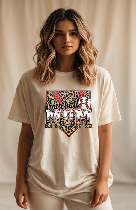 Baseball Mom Leopard Homeplate Short & Long Sleeve T-Shirt