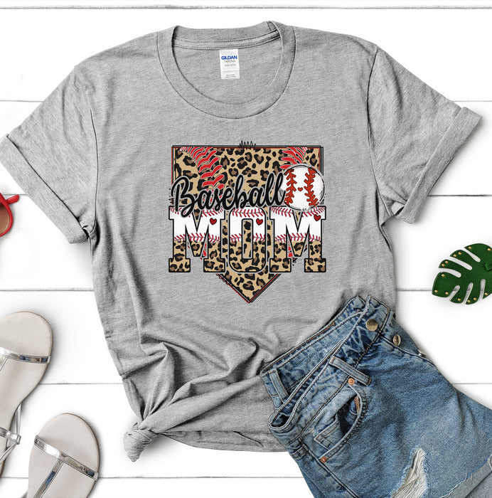 Baseball Mom Leopard Homeplate Short & Long Sleeve T-Shirt