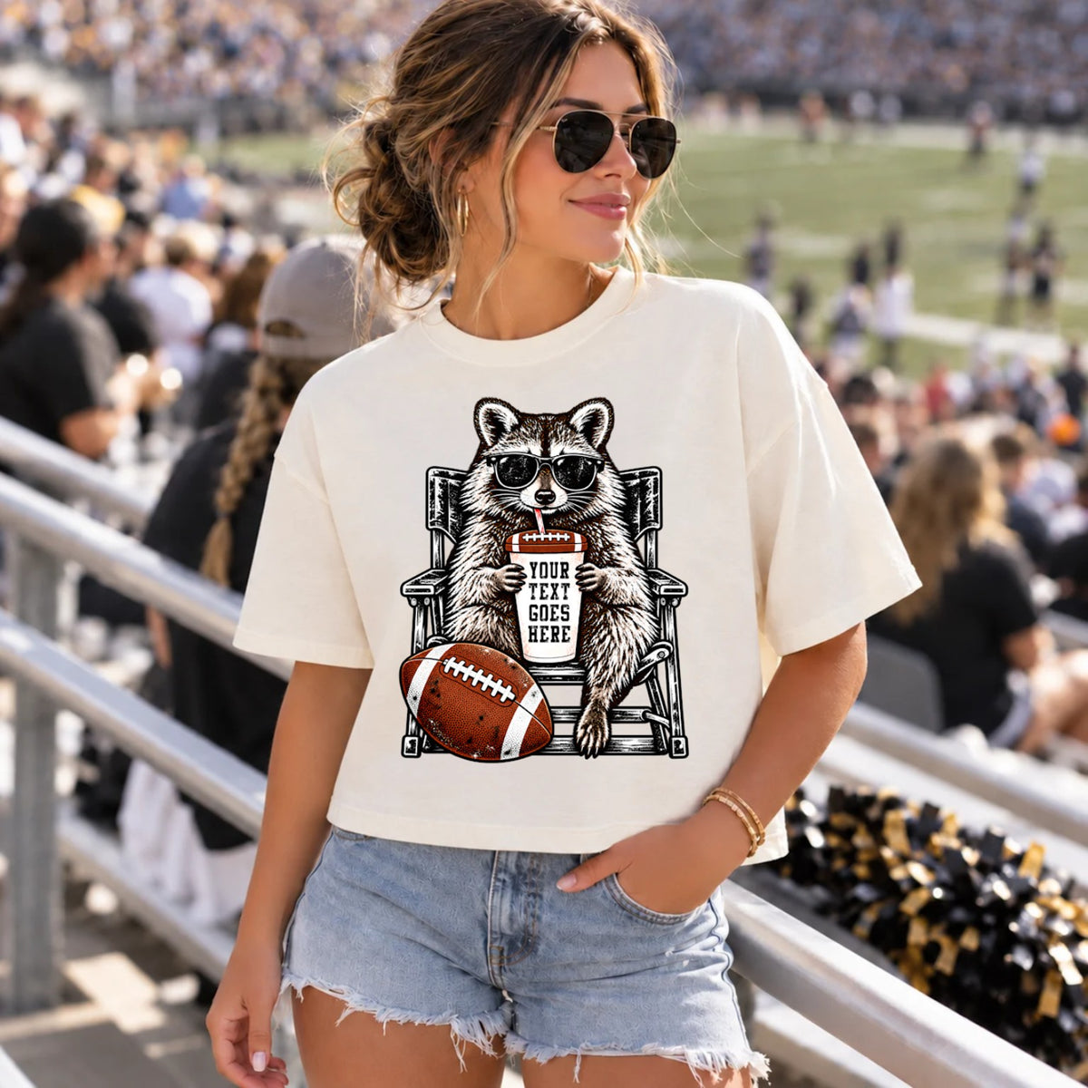 Custom football raccoon top with personalized cup wording