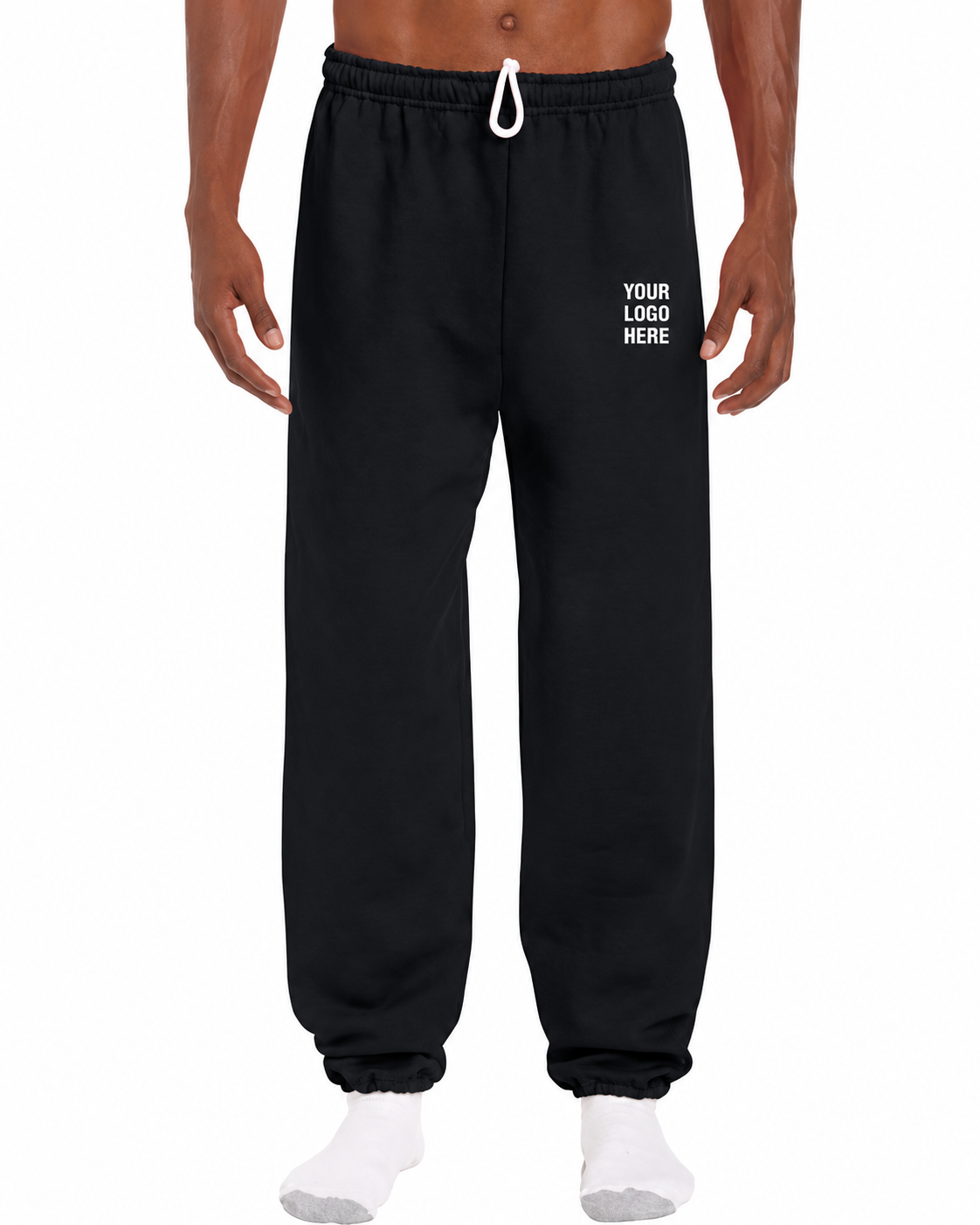 Gildan 18200 with YOUR LOGO HERE marking the included front left thigh placement