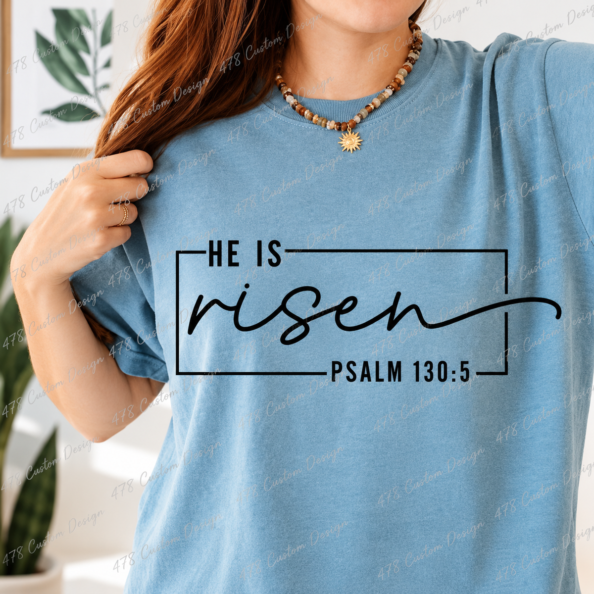 He Is Risen Framed Script Christian Top apparel mockup