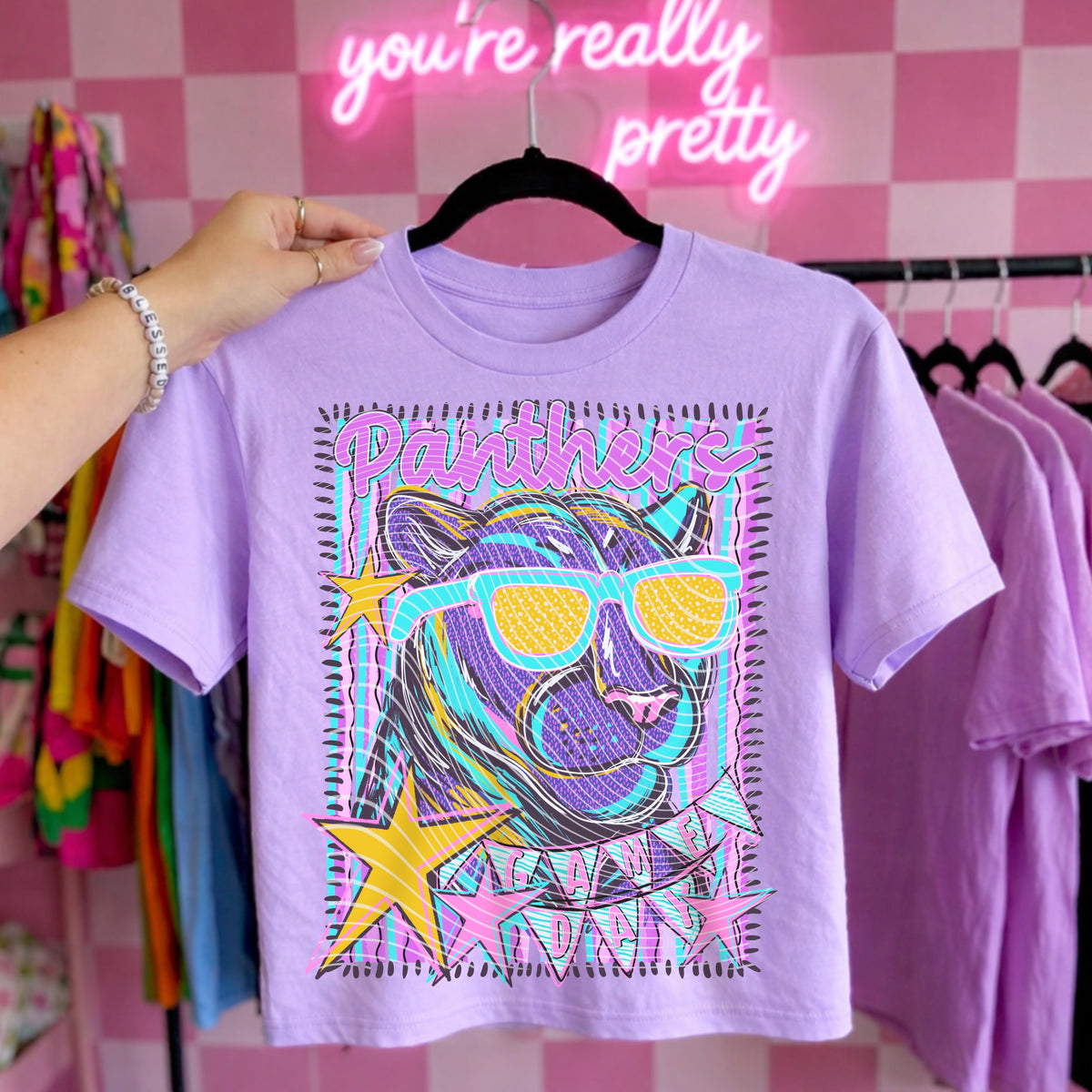 Neon Star Panthers Game Day Top apparel mockup
