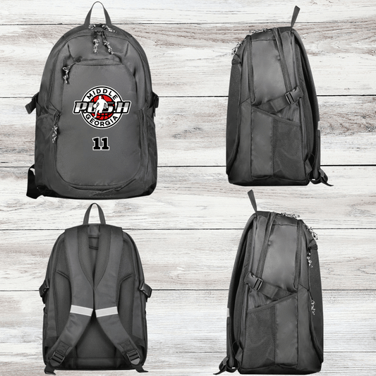 Gray backpack shown from the front, back and sides with the Push Basketball logo.